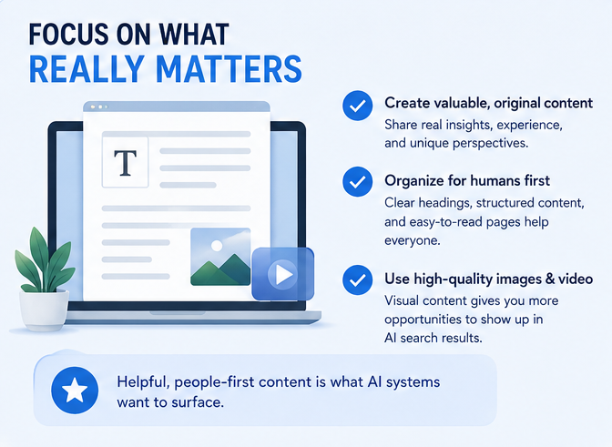 Focus on what really matters. Helpful, people-first content is what AI systems want to surface.
